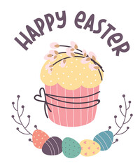  Happy Easter greeting card. Easter cake, painted eggs, willow twigs. flat vector illustration
