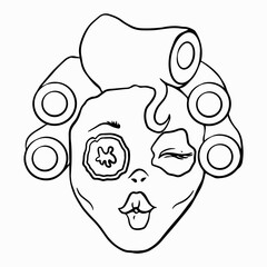 Head of woman wearing cucumber cosmetic mask and hair curlers. Beauty and personal care concept. Vector illustration with lines in cartoon style