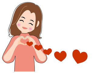 手でハートをつくるセミロングの女性