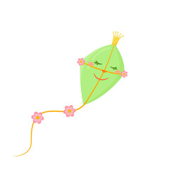 Cute cartoon kite illustration with crown and flowers on white background. Kids decoration.