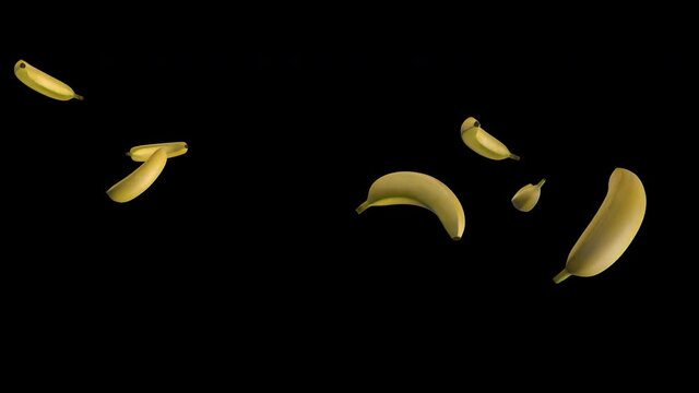 Fresh bananas flying in slow motion against a black screen background. Bananas falling from the top. 3d-animation. Realistic visualization. Black background