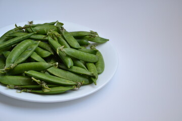 Green pea pods from farmland. Pea freshly picked. Organic spring pea pods. Fresh vegetables. Healthy eating. Country garden harvest.