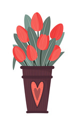 Bouquet of red tulips in a metal bucket with a heart. Festive greeting concept. Design element for card, poster, sticker, print, valentines day card, 8 march card, invitation.  Vector illustration