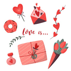 Set of romantic elements. Valentine's day, birthday or wedding concept. Love, Romantic vector illustration in flat cartoon style. For card, flyer, banner, invitation, gift certificate