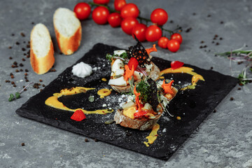 bruschettas with pumpkin mousse and goat cheese. Light breakfast, snack. halloween