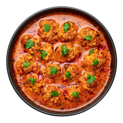 Sulu Kofte in black bowl isolated on white. Turkish cuisine soup dish with beef meatballs and gravy. Traditional food. Top view