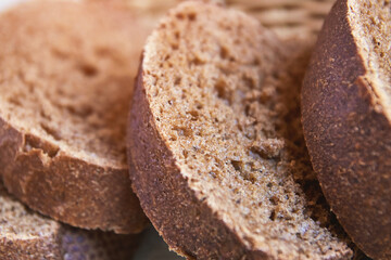 Health wholegrain brown bread. Cafe menu. Fitness gluten free dinner. Organic diet. Vegan product. Fast eat. Breakfast slice snack close up. Traditional natural wheat bakery
