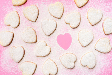 Happy valentines day 2021. Bakery. Heart shaped cookies on pink background