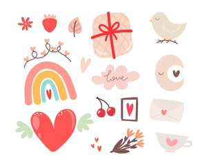 Cartoon set with decor elements for valentines day. Colorful vector flat illustration. Romantic design for greeting card, print, poster