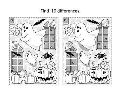 Halloween ghosts find the differences picture puzzle and coloring page
