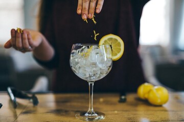 Coctel de ginebra con limón. Persona preparando copa de alcohol sobre barra. Bebida espirituosa. Camarero