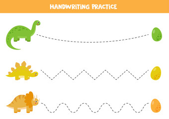 Tracing lines with cartoon dinosaurs and eggs. Writing practice. © Milya Shaykh