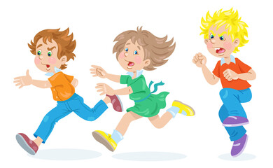 Children and emotions. Scared kids run away from the angry boy. In cartoon style. Isolated on white background. Vector flat illustration.