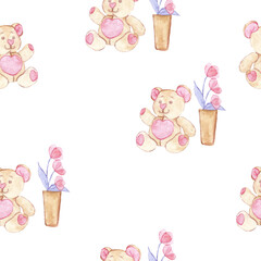Valentine's Day pattern. Sweet and Romantic. Teddy bear and a vase of flowers. Watercolor