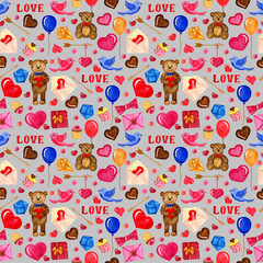 Seamless pattern Valntine's day elements. Watercolor hand painted illustration. For card, design, print or background.for a print, postcard, poster for Valentine's day, February 14.