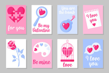 Fototapeta na wymiar Set of pink, white and blue colored cards for Valentine's Day or wedding. Vector flat design isolated on gray background
