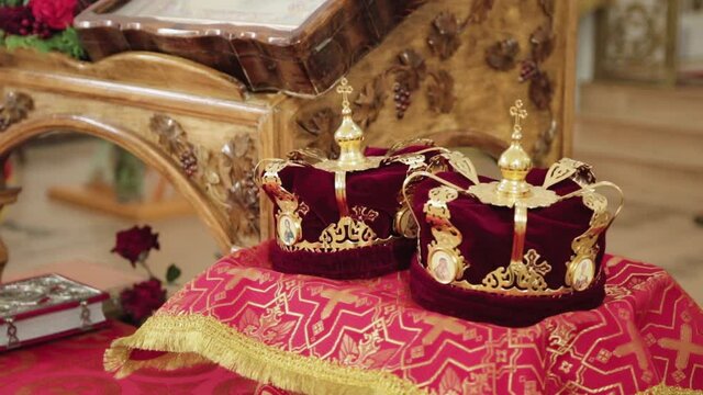 Religious items. Golden crowns for weddings in temple