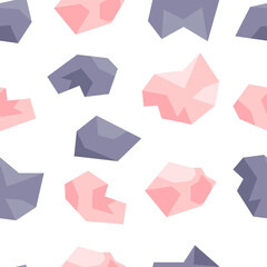 Seamless pattern of pink and lilac crystals. Gems, diamonds, gems on a white background. Hand drawn vector illustration