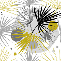 seamless pattern with Liviston palm leaves in circles drawn by hand in a scribble style in grey, black and gold on a white background