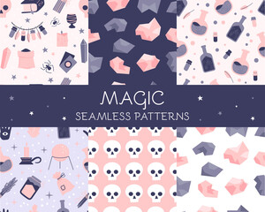 A set of seamless patterns with attributes for magic and witchcraft On a dark and light background. Hand drawn vector illustration