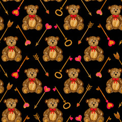 Seamless pattern Valntine's day elements. Watercolor hand painted illustration. For card, design, print or background.for a print, postcard, poster for Valentine's day.