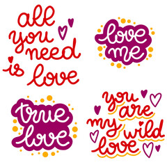 Set of lettering about love. Valentines Day. Vector illustration