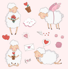 set of vector stickers for valentine's day february 14 with cute love sheep