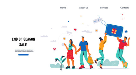 End of season sale website template with people characters, flat vector illustration. Advertising promotion web page design for seasonal sale events.