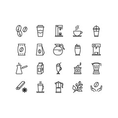 Coffee line icon set. Contains such Icons as beans, hot cocktail and coffee maker machine, espresso cup, cappuccino line icons. Editable Stroke