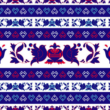 Vector Seamless Traditional European, Folk Pattern With Decorative Elements - Ornamental Hearts, Little Birds inspired by Traditional Pattern from Famous Small Village - Cicmany  located on Slovakia