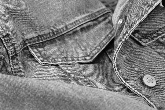 Denim Jacket Close Up. Abstract Black And White Background.