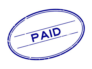 Grunge blue paid word oval rubber seal stamp on white background