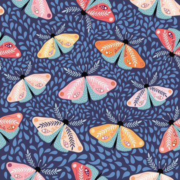 Decorative floral seamless pattern with colorful moths and flowers