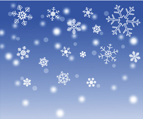 降る雪と白い雪の結晶(青グラデーション背景)