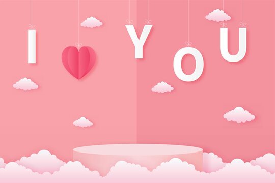 paper cut happy valentine's day concept. landscape with text I LOVE YOU and heart shape and geometry shape podium on pink sky background paper art style. vector illustration. 