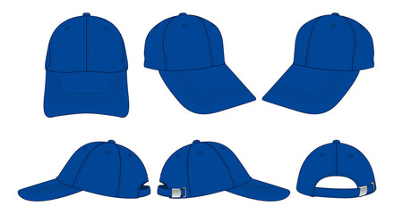 Blank blue baseball cap with adjustable metal buckle strap closure template on white background, vector file.