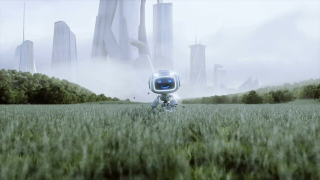 Funny toy robot in the meadow on the background of a futuristic city. Future concept. realistic 4k animation.