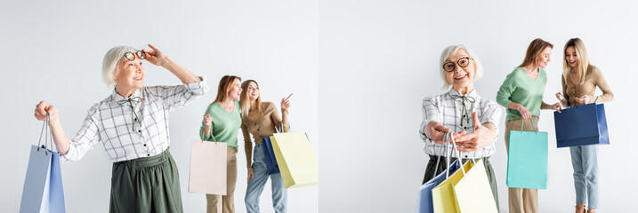 collage of happy senior woman holding shopping bags and adjusting glasses near daughter and granddaughter on blurred background