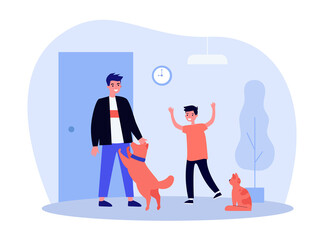 Happy kid and pets welcoming dad at home. Son, dog, cat. Flat vector illustration. Family, parenthood, domestic animals keeping concept for banner, website design or landing web page