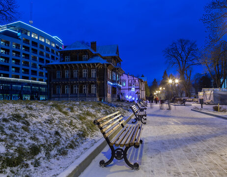 TRUSKAVETS, UKRAINE - January 10, 2021. The city of Truskavets - a spa resort in the winter New Year and Christmas environment. Night winter view of the city, Michael Bilas art Museum, Christmas Toys.