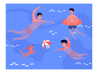 People enjoying leisure time in swimming pool. Bathing, water, ball game, dog. Flat vector illustration. Recreation, lifestyle, summer activity concept for banner, website design or landing web page