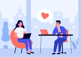 Manager falling in love with colleague. Thought bubble, heart symbol, office dating. Flat vector illustration. Romance, corporate relationship concept for banner, website design or landing web page