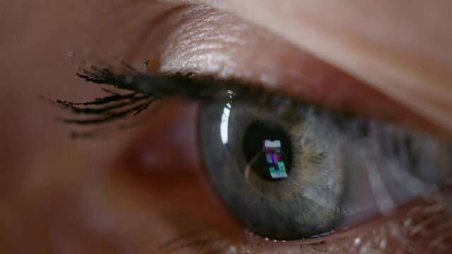 Shooting of female grey eye looking at smartphone's screen