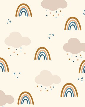 Hand drawn vector seamless background for kids, with clouds and rainbows.