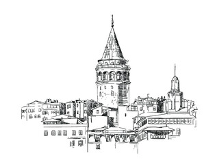 Galata Tower landscape sketch, drawing, Istanbul