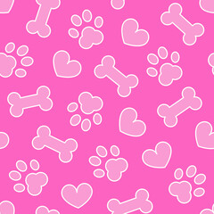 Pet dog footprint bone and heart on pink background seamless pattern. Design for pet supplies, clothing, packaging. Stock vector illustration.