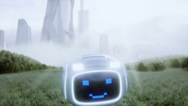 Funny toy robot in the meadow on the background of a futuristic city. Future concept. realistic 4k animation.