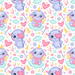 Valentine's day seamless pattern. Cute monsters n love seamless pattern.