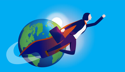 Super businesswoman - Female person flying with red cape in front of earth in space. Successful superhero worker concept. Vector illustration.