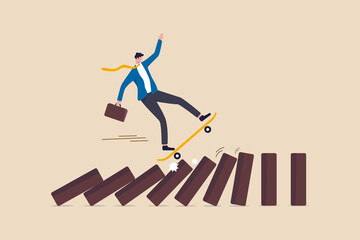 Business disruption, new disruptive innovation change, transform business and disrupt existing competitor company concept, smart innovative businessman surf fast skateboard hit all dominos collapse.